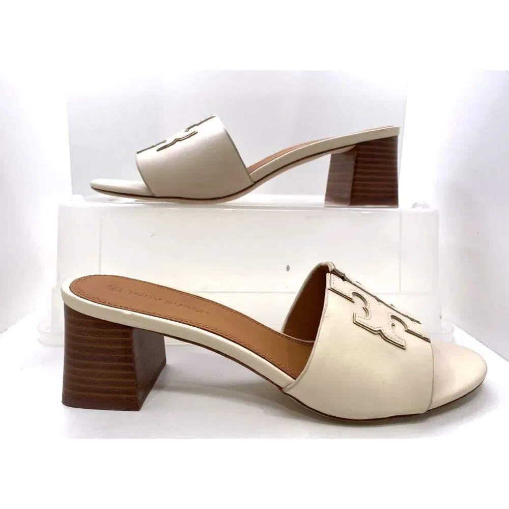 EUC Tory Burch Women's Ivory Leather Block Heel Slide Sandals Size 9M